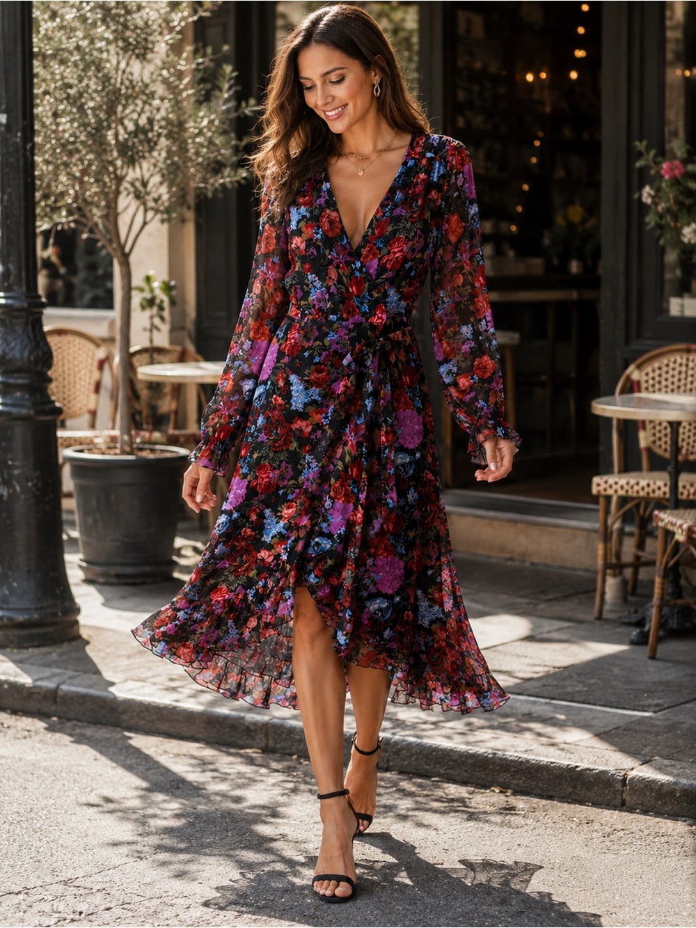 PAIGE Paulette Floral Silk Wrap Midi Dress Ling sleeveless Black Multi Size M